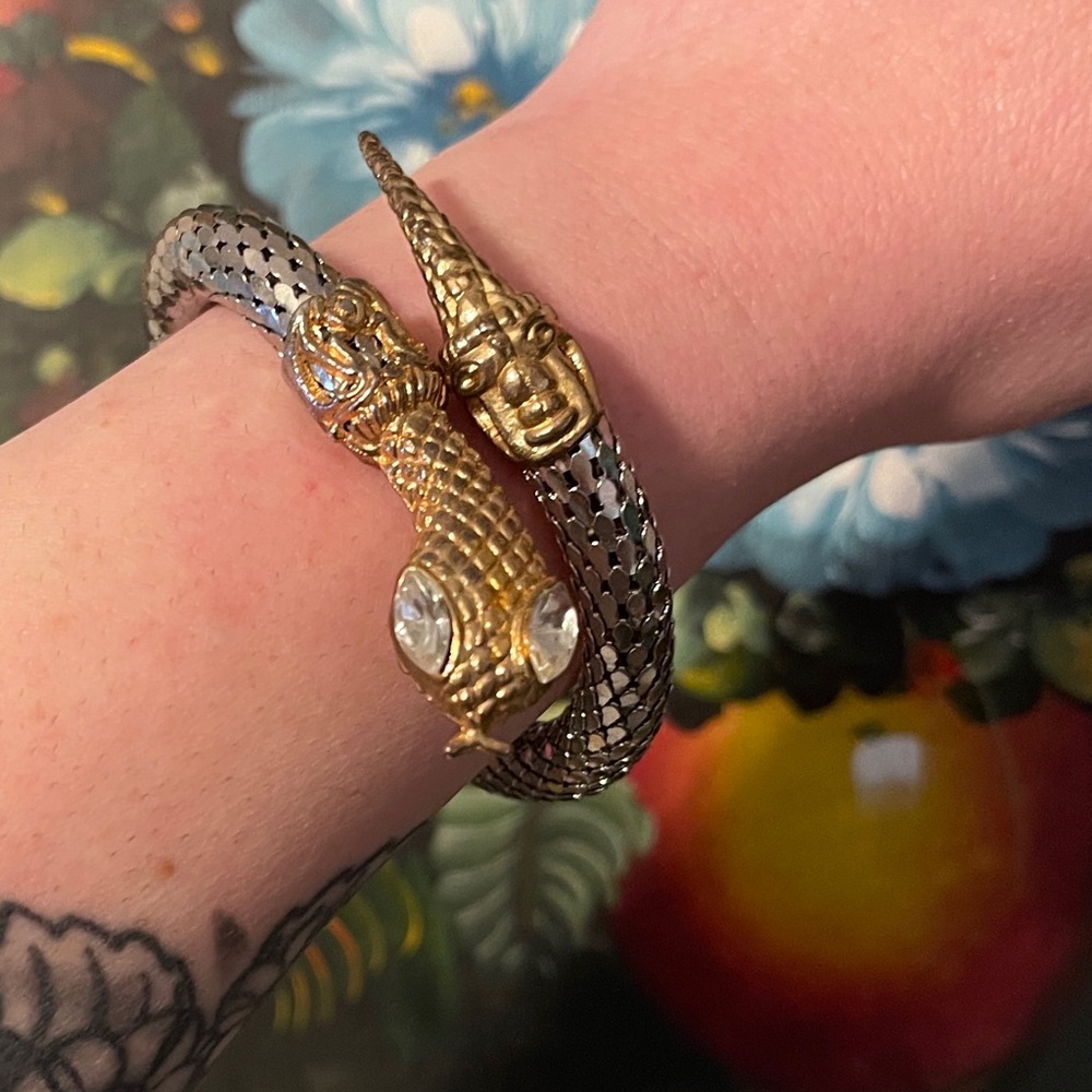 Vintage Gold & Silver Mesh Rhinestone Eye Snake Wrap Bracelet - Picture 9 of 9